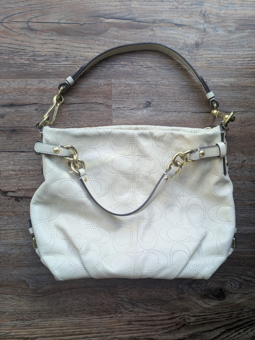 Coach Cream Perforated Signature Shoulder Bag with Gold Hardware